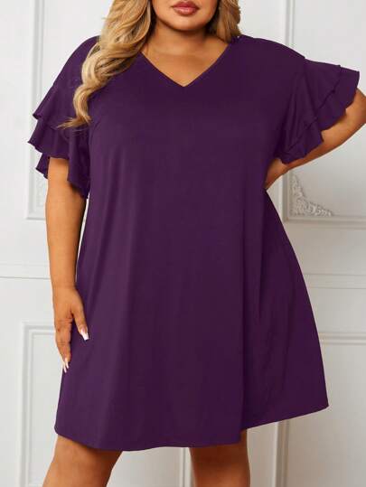SHEIN CURVE+ Vestido de punto de cuello en V talla grande con mangas de doble capa