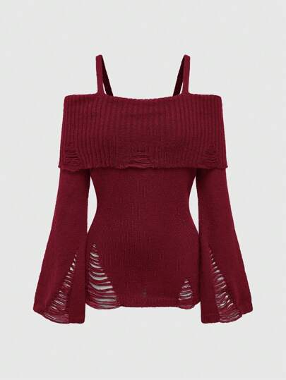 Goth Punk Rock Distressed Off Shoulder Crop Sweater