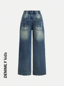 SHEIN Jeans dritti slim fit da ragazza tween, in stile boho vintage, con dettagli floreali ricamati, vita elastica e chiusura con bottone, cinque tasche classiche, stile cowboy alla moda e chic. - Blu lavato medio - Visualizzare 2