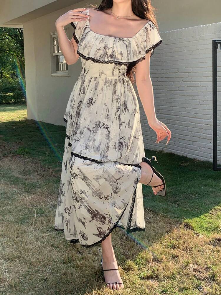Square Neck Color Block Asymmetrical Midi Dress For Women Floral,Ruffle Vacation Outfits Women Easter Boho