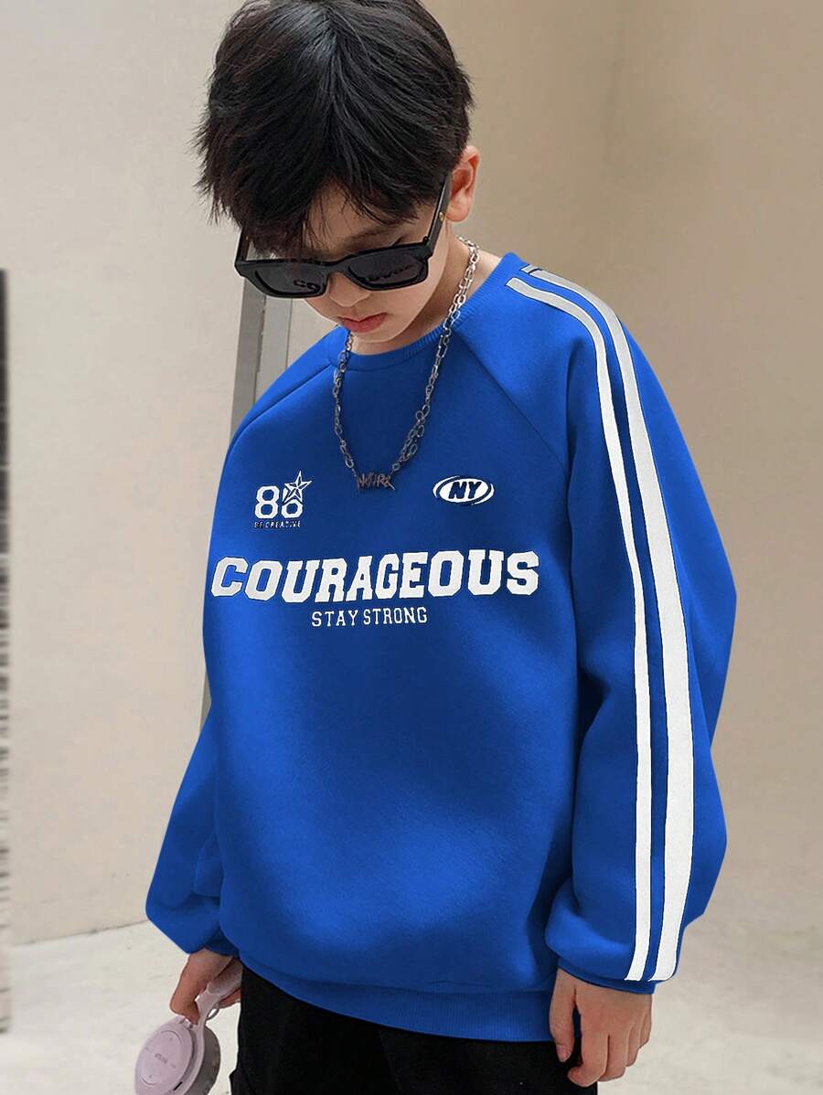 SHEIN Moletom de malha casual estilo coreano com estampa de letras fofas e detalhes de patch, gola redonda e manga comprida para meninos pré-adolescentes