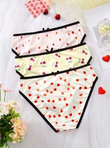 3pcs/Set Women Heart Print Bow Decor Hipster Briefs