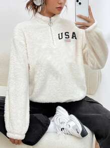 SHEIN NovaGlow Tween Girls Reversible Embroidered Letter Pullover Sweatshirt - White - View 4