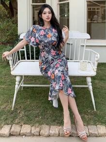 DAZY 女式中长花卉印花圆领荷叶边袖开衩连衣裙 - 藏蓝色 - 查看 5