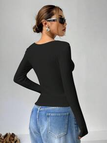 SHEIN EZwear 女款黑色针织休闲拉链长袖 T 恤 - 黑色 - 查看 2