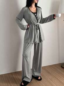 DAZY 3pcs/Set Lace Patchwork Pleat Design Belted Robe, Camisole Top & Long Pants Pajamas Set, Fall Winter Clothes - Grey - View 4