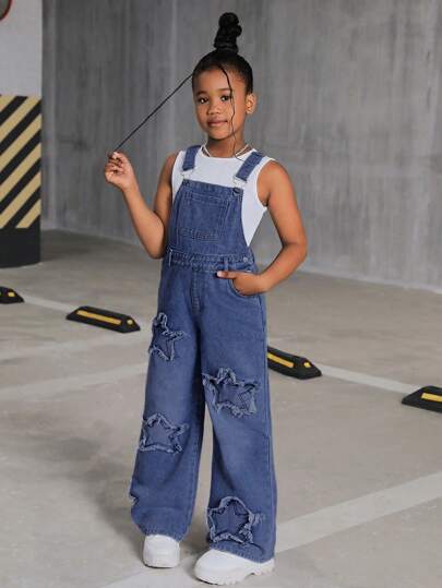 SHEIN Tween Girls' Y2K Casual Stonewashed Frayed Star Pattern Denim Overalls Jumpsuit Without Vest,Tween Girl Back To School Clothes Outfits