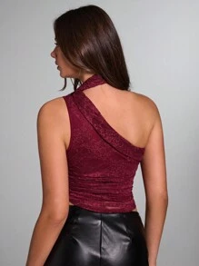 SHEIN BAE Women's Floral Lace Sleeveless Asymmetrical Shoulder Ruched Slim Fit Fashionable Top - Burgundy - View 3