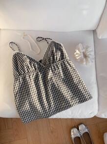 Comfortcana Women's Black & White Plaid V-Neck Ruffle Camisole