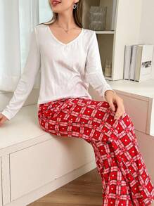 Dream Adore Women 2pcs Pajama Set - Solid Jacquard V-Neck Long Sleeve Top And Red Plaid Long Pants