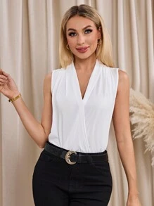 SHEIN Clasi Work Women Solid Surplice Neck Tank Top - White - View 1