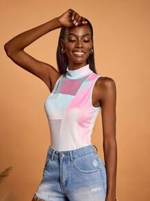 HEAVINZ LANE Designer Spring And Summer Sheer Ombre Contrast Mesh Neck Bodysuit, Vacation, Festival, Ibiza Fits - Multicolor - View 6