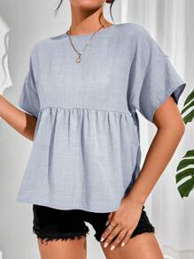 SHEIN Essnce Women's Plain Scoop Neck Batwing Sleeve Pleated Casual Blouse