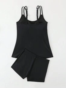Swim Lushoire 夏季 2 件套 女士纯色纽扣性感收腹分体泳衣 - 黑色 - 查看 5