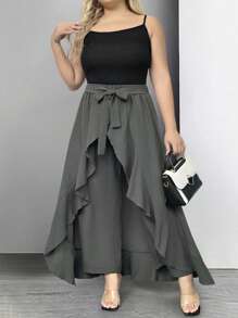 SHEIN LUNE Plus Size Women Ruffle Waist Wide Leg Pants Casual Culottes Fall - Grey - View 3