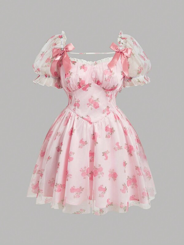 SHEIN MOD Plus Size Short-Sleeved Pink Flowers Mesh Printed Party Dress With Bowknot Romantic Look,Summer Fits,Beach Dress Sundress,Holiday Outfits Boho