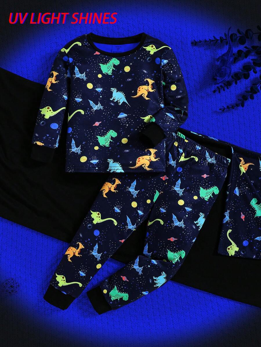 SHEIN 3pcs/Set Boy Snug Fit Fluorescent Cartoon Dinosaur Print Round Neck Long Sleeve Top And Pants & Throw Blanket Casual Comfortable Sleepwear Set - Black - View 1