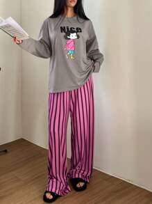 DAZY Spring Cute Cartoon Print Top & Striped Loose Pajama Pants Set - Grey - View 6