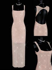 SHEIN ICON Abito lungo da donna nello stile Y2K, sexy e minimalista, in rete con strass, elegante e decorato con paillettes, abito scintillante e luccicante adatto a feste, festa, uscite serali, Capodanno, adatto per appuntamenti casual, uscite serali e abbigliamento per Capodanno. - Cachi - Visualizzare 14