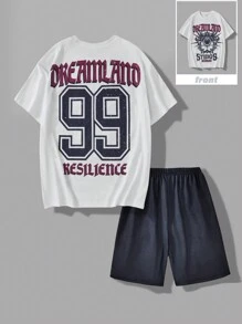 2pcs/Set Teenage Boys' Fashion Print Casual T-Shirt And Distressed Shorts Set