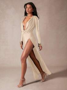 Hauture Women Clothes, Beige Slinky Jersey Front Deep Cowl Neck Long Sleeves High Slit Maxi Dress, Women Dresses, Party Women Dresses, White Women Dresses, Elegant Women Dresses, Formal Women Dresses, Prom Dress, Valentine's Day Dress, Long Sleeve Dress. For Date Night, Concerts, Performances, Wedding, Parties, Clubs, Evening