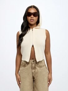 SUMWON WOMEN Sleeveless Hooded Zip Up Knit Sweater Vest Crop Top Fall Winter Layering Fashion Athleisure Streetwear Casual Contemporary Outerwear - Multicolor - View 1