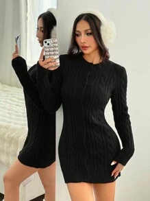SHEIN EZwear 圣诞毛领粗针织紧身毛衣连衣裙 - 黑色 - 查看 6
