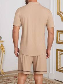 Manfinity Homme Men's Plant Pattern Button Half-Placket Short Sleeve Shirt And Shorts Casual Suit - Khaki - View 4