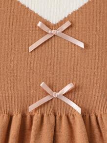 SHEIN Tween Girl Fashionable French Style Colorblock Bow Decorated Knit Sweater Dress, For Spring, Autumn And Winter - Khaki - View 4