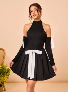 shy_girl 设计师黑白对比缎面蝴蝶结褶皱挂脖迷你连衣裙、春季、节日、婚礼、舞会礼服 - 黑色 - 查看 6