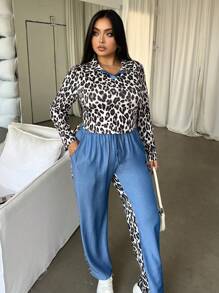 SHEIN Slayr Set de 2 piezas de top de manga larga y pantalones en parchwork con estampado de leopardo azul