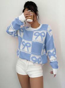 Selianne 2024 圆领格纹拼接 3D 蝴蝶结针织套头衫秋冬毛衣 - 藍白色 - 查看 4