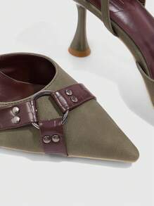 CUCCOO SZL Zapatos de tacón alto con punta puntiaguda de PU vintage verde oliva para mujeres