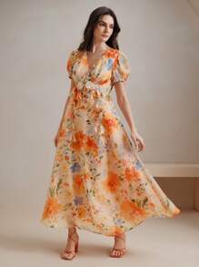 Anewsta Váy họa tiết hoa mùa hè cho nữ, tay ngắn, xếp nếp eo xếp tầng, trang phục nghỉ dưỡng sang trọng thanh lịch - trái cam - Xem 7