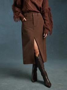 WESTFADE Cowgirl Corduroy Slim Fit High Rise Midi Skirt With Slit Nashville Western - Navy Blue - View 3