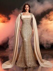 Glamrae Elegant & Luxury Champagne Sequin Patchwork Satin Wrap Collar Pleated Draped Batwing Mermaid Hem Floor-Length Formal Gown, Suitable For Various Occasions, Wedding Guest Dress