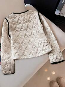 Zolique 纯米色轻质绗缝加厚棉服外套冬季衣服带心形格子图案 - 米色 - 查看 2