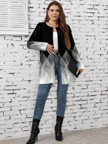 SHEIN LUNE Plus Size Women Casual Minimalist Geometric Print Thin Jacket Autumn Winter Clothes For Women - Multicolor - View 5