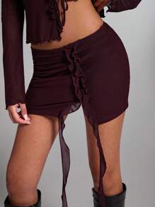 SHEIN BAE Minifalda con volantes de color burdeos sólido para citas, reuniones de chicas, estilo callejero, discoteca, San Valentín, fiesta de festival