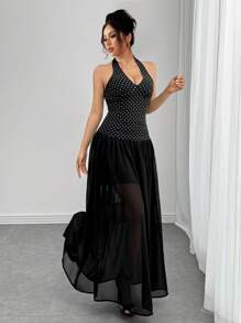 SHEIN Unity Sexy Backless Tied Neck Deep V Neck Slim Waist Dress, Stylish & Chic - Black - View 6