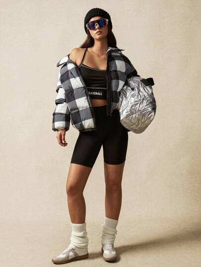 VARSITIE 保暖高领长袖拉链时尚格子印花女士运动冬季外套