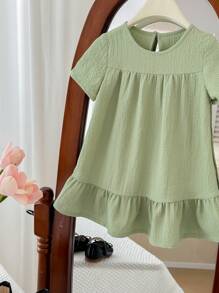SHEIN LMoss Kids LMoss 女婴休闲纹理绿色短袖迷你连衣裙 - 綠色 - 查看 3