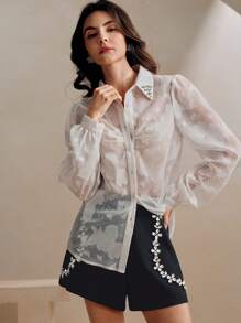 Anewsta Blusa transparente de mujer con cuello polo, manga larga y tela jacquard, con escote con tachuelas