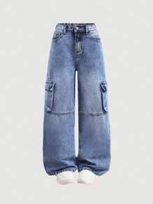 SHEIN Tween 女孩蓝色宽松牛仔工装裤