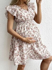 SHEIN Maternity Vacation Casual Ditsy Floral Ruffle Hem Dress - Pink - View 1