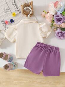 SHEIN Vintaside Kids Bộ 2 áo thun tay bèo cổ polo thêu hoa cho bé gái và quần short cạp chun, trang phục thường ngày dễ thương thoải mái cho mùa xuân, mùa hè, mùa thu, thích hợp cho cả trong nhà và ngoài trời - Nhiều màu - Xem 3