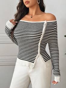 SHEIN Frenchy Plus Size Crew Neck Long Sleeve Striped Button Casual Pullover Sweater Fall/Winter - Black and White - View 2