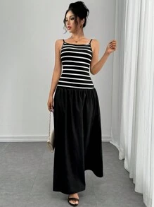 Chiquease Fashionable & Elegant Striped Knitted Camisole Dress With Contrasting Colors