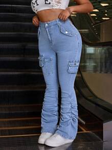 SHEIN ICON Plus Size Front Button Pocket Simple Design Casual Denim Jeans - Light Wash - View 3