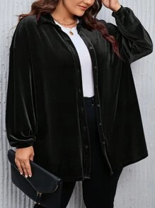 SHEIN CURVE+ Large Christmas Red Velvet Shirt Jacket - Black - View 4